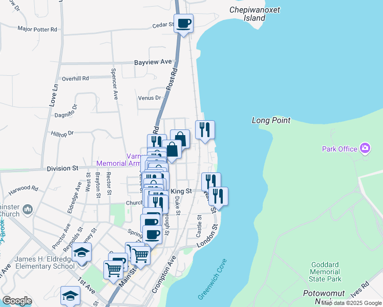map of restaurants, bars, coffee shops, grocery stores, and more near 42 Ladd Street in East Greenwich