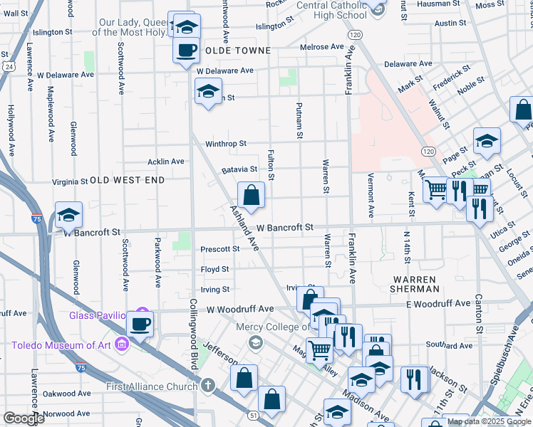 map of restaurants, bars, coffee shops, grocery stores, and more near 2221 Fulton Street in Toledo