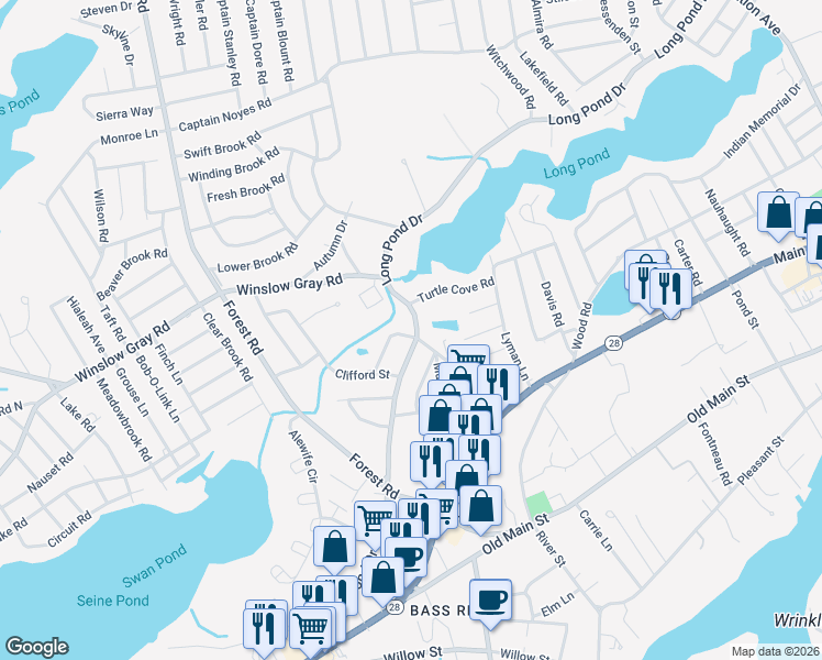map of restaurants, bars, coffee shops, grocery stores, and more near 185 Long Pond Drive in Yarmouth