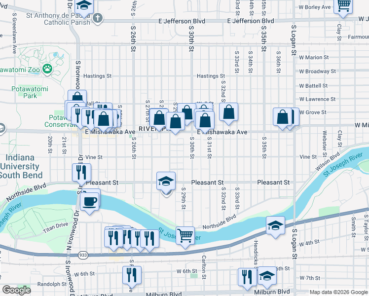 map of restaurants, bars, coffee shops, grocery stores, and more near 290 Vine Street in South Bend