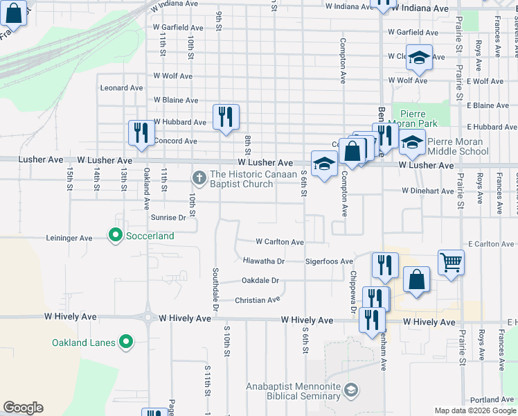 map of restaurants, bars, coffee shops, grocery stores, and more near 799 Hope Avenue in Elkhart