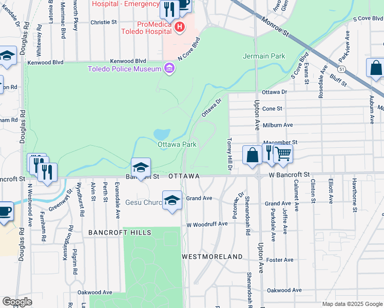 map of restaurants, bars, coffee shops, grocery stores, and more near 2200 West Bancroft Street in Toledo