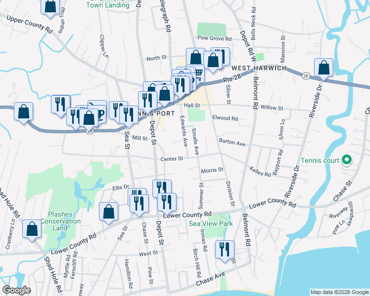 map of restaurants, bars, coffee shops, grocery stores, and more near 179 Center Street in Dennis