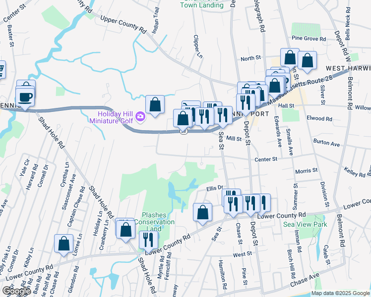 map of restaurants, bars, coffee shops, grocery stores, and more near 67 Center Street in Dennis