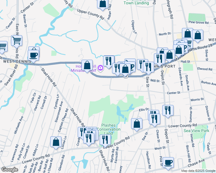 map of restaurants, bars, coffee shops, grocery stores, and more near 33 Center Street in Dennis