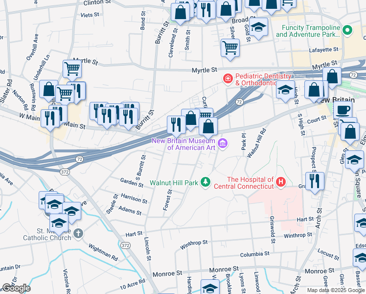 map of restaurants, bars, coffee shops, grocery stores, and more near 19 Murray Street in New Britain