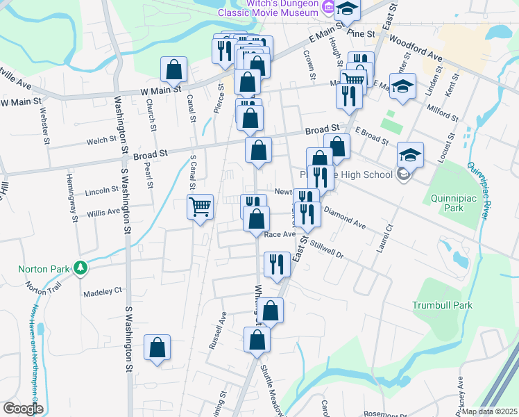 map of restaurants, bars, coffee shops, grocery stores, and more near 134 Whiting Street in Plainville