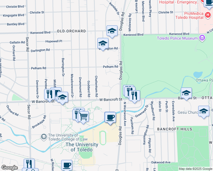 map of restaurants, bars, coffee shops, grocery stores, and more near 2239 University Hills Boulevard in Toledo