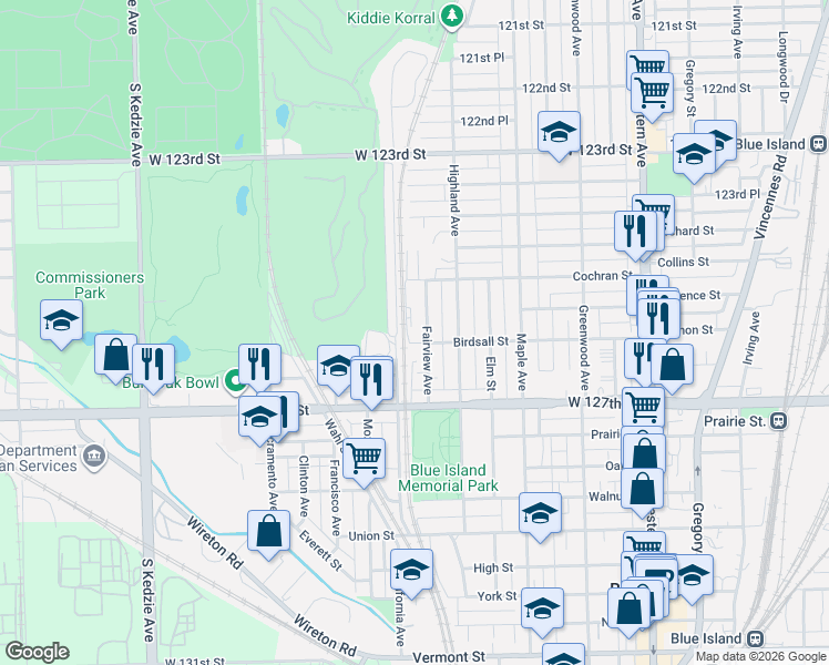 map of restaurants, bars, coffee shops, grocery stores, and more near 12622 California Avenue in Blue Island