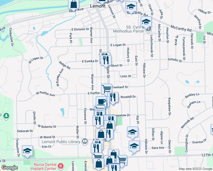 map of restaurants, bars, coffee shops, grocery stores, and more near 920 State Street in Lemont