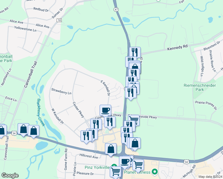 map of restaurants, bars, coffee shops, grocery stores, and more near 307 East Kendall Drive in Yorkville