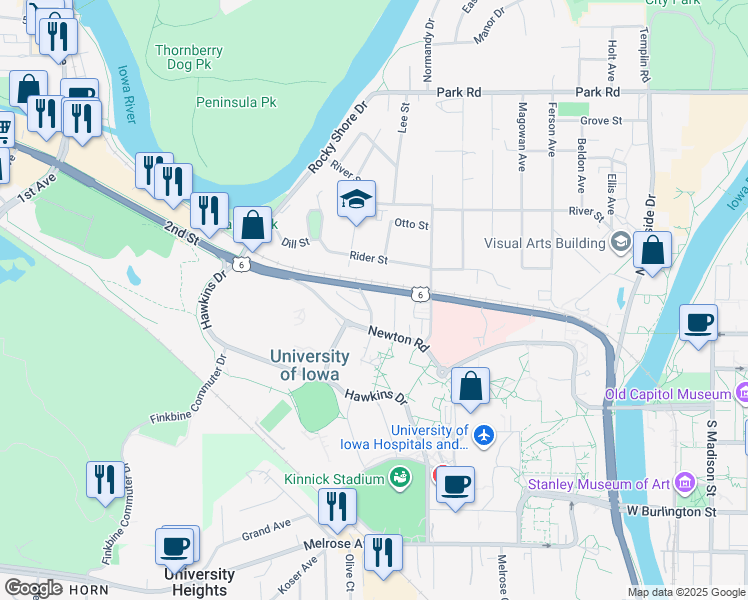 map of restaurants, bars, coffee shops, grocery stores, and more near 7 Valley Avenue in Iowa City