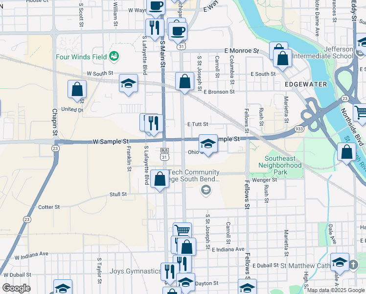 map of restaurants, bars, coffee shops, grocery stores, and more near 1000 South Michigan Street in South Bend
