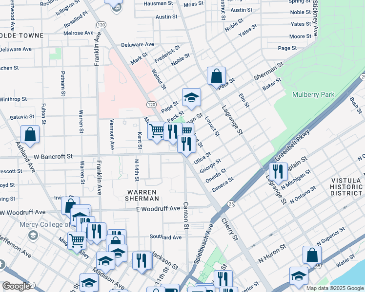 map of restaurants, bars, coffee shops, grocery stores, and more near in Toledo
