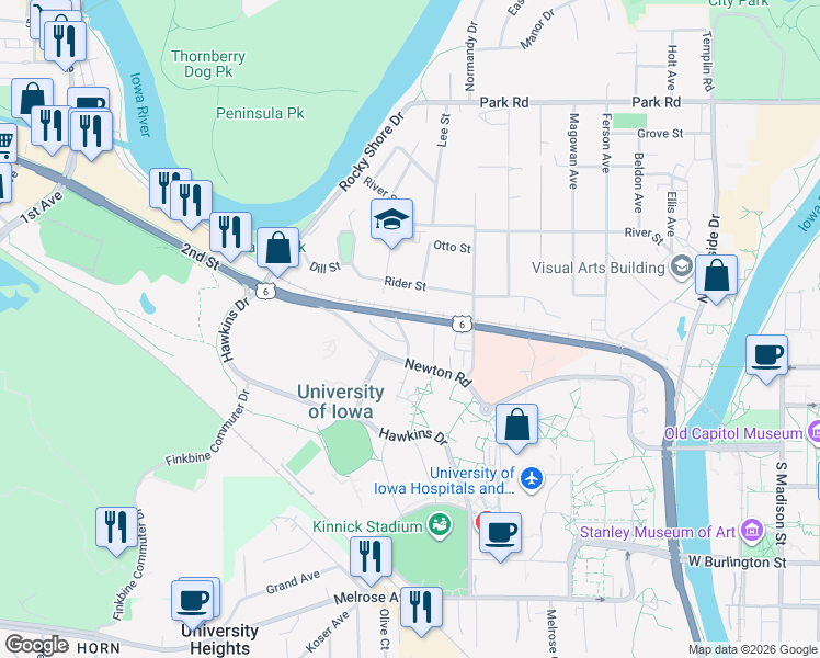 map of restaurants, bars, coffee shops, grocery stores, and more near 7 Valley Avenue in Iowa City