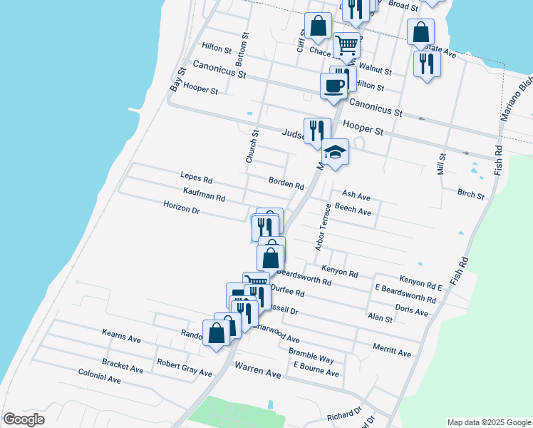 map of restaurants, bars, coffee shops, grocery stores, and more near 349 Main Road in Tiverton