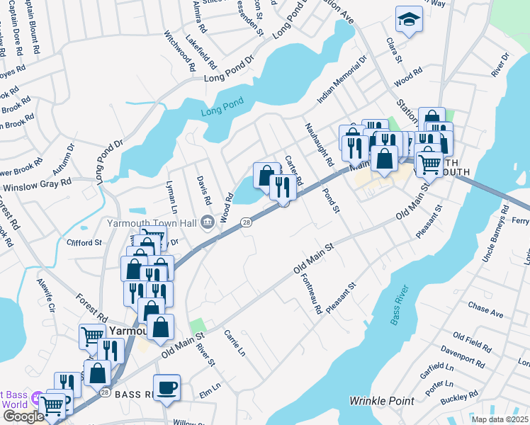 map of restaurants, bars, coffee shops, grocery stores, and more near 1585 Massachusetts 28 in Yarmouth