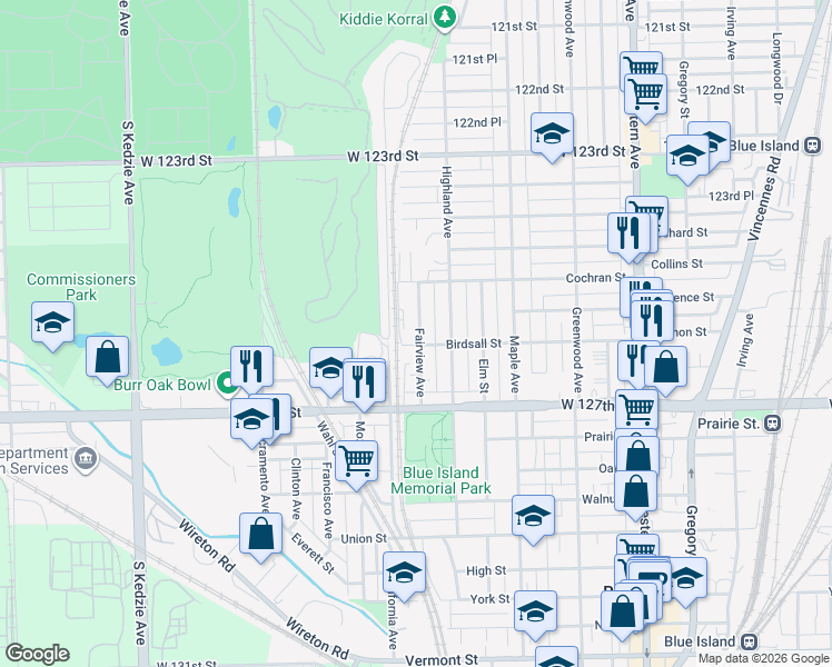 map of restaurants, bars, coffee shops, grocery stores, and more near 12611 Fairview Avenue in Blue Island