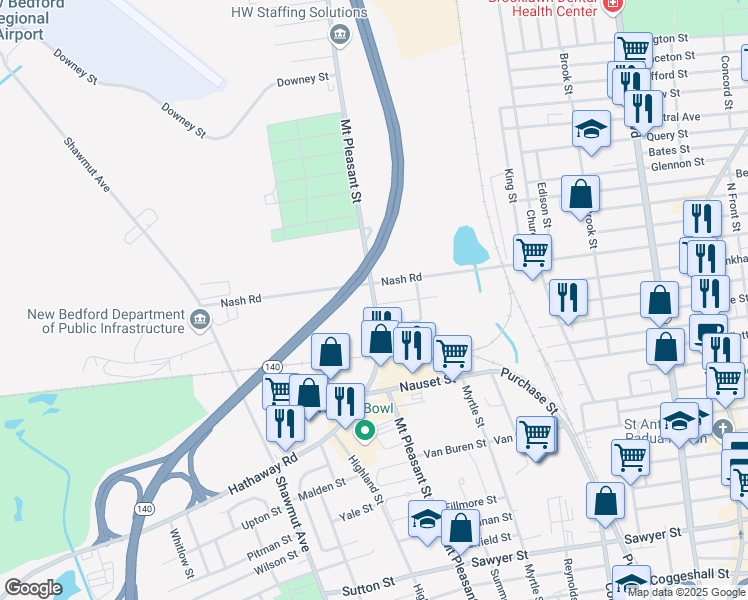 map of restaurants, bars, coffee shops, grocery stores, and more near 528 Mount Pleasant Street in New Bedford
