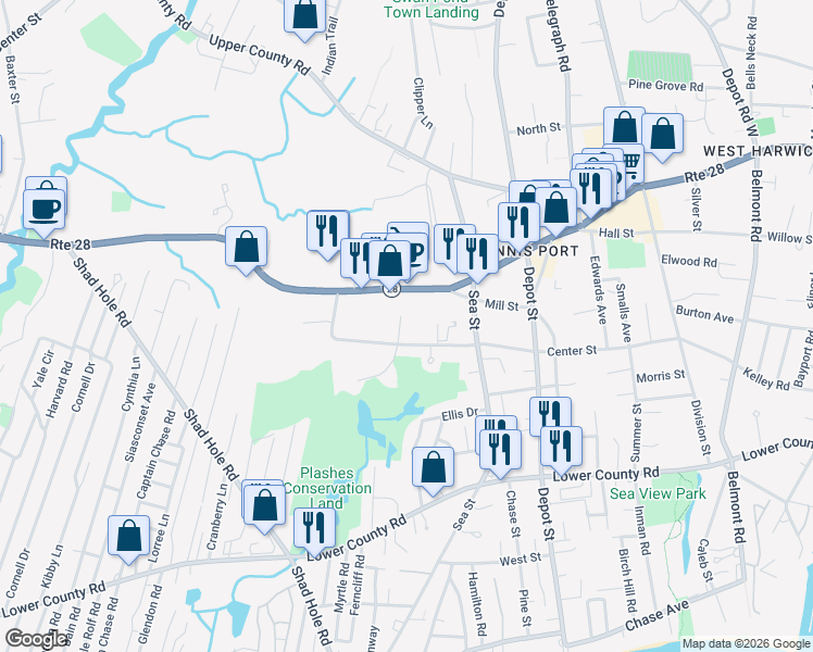 map of restaurants, bars, coffee shops, grocery stores, and more near 67 Center Street in Dennis