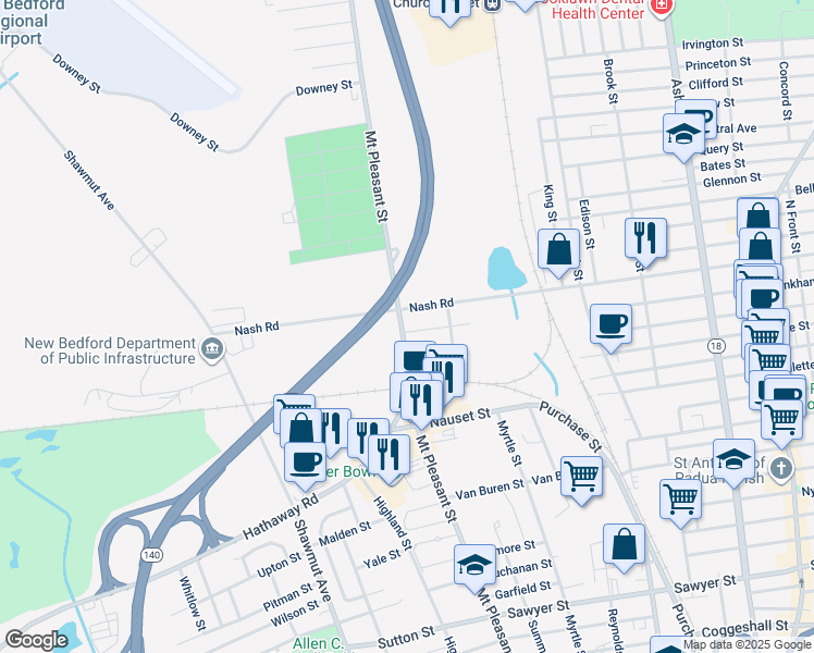 map of restaurants, bars, coffee shops, grocery stores, and more near 528 Mount Pleasant Street in New Bedford