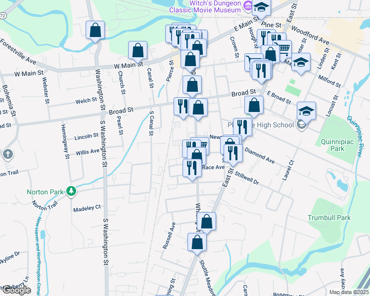 map of restaurants, bars, coffee shops, grocery stores, and more near 30 Hultenius Street in Plainville
