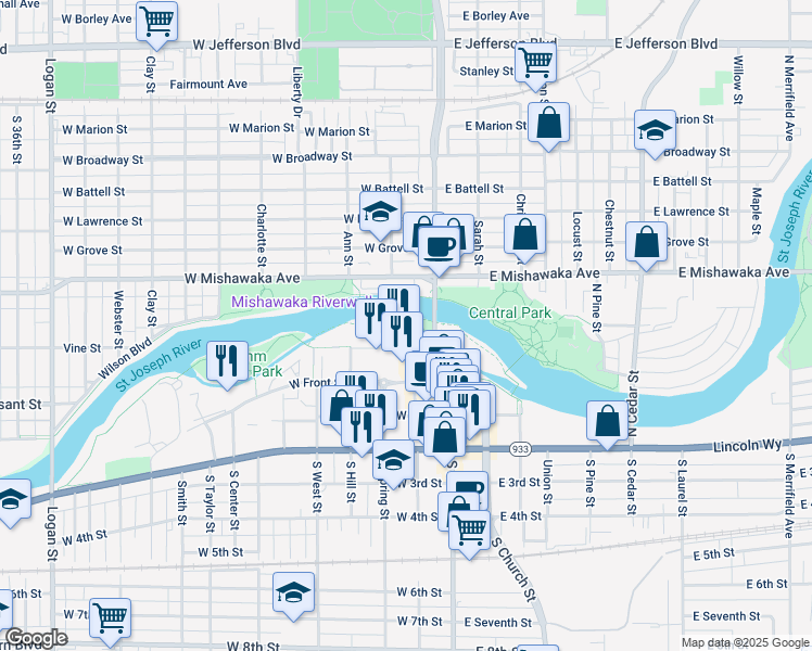 map of restaurants, bars, coffee shops, grocery stores, and more near 120 Ironworks Avenue in Mishawaka
