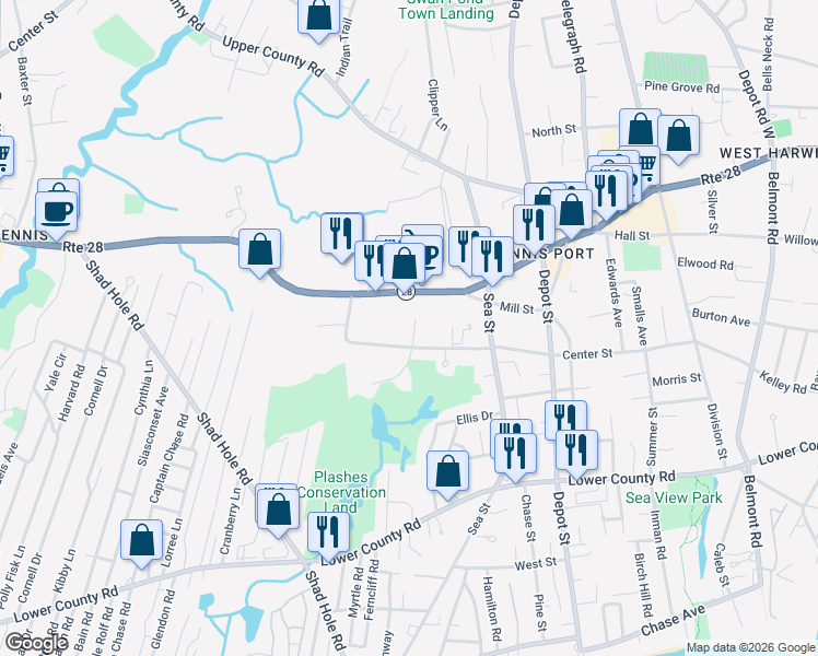 map of restaurants, bars, coffee shops, grocery stores, and more near 56 Center Street in Dennis