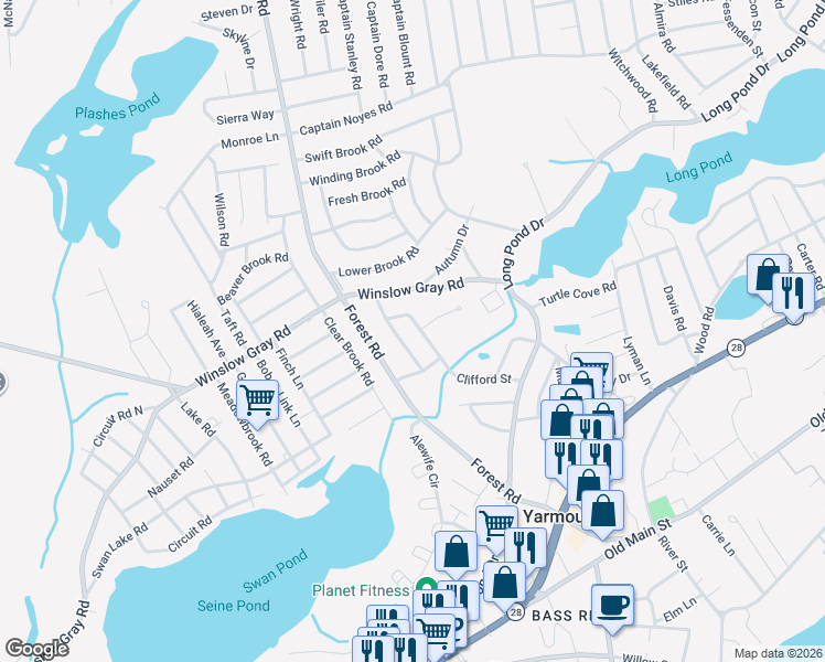 map of restaurants, bars, coffee shops, grocery stores, and more near 78 Clifford Street in Yarmouth