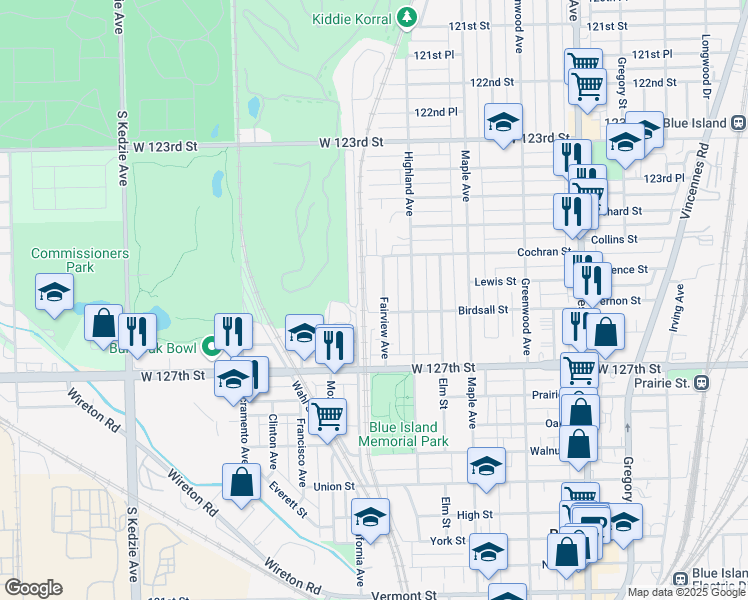 map of restaurants, bars, coffee shops, grocery stores, and more near 12521 Meadow Lane in Blue Island