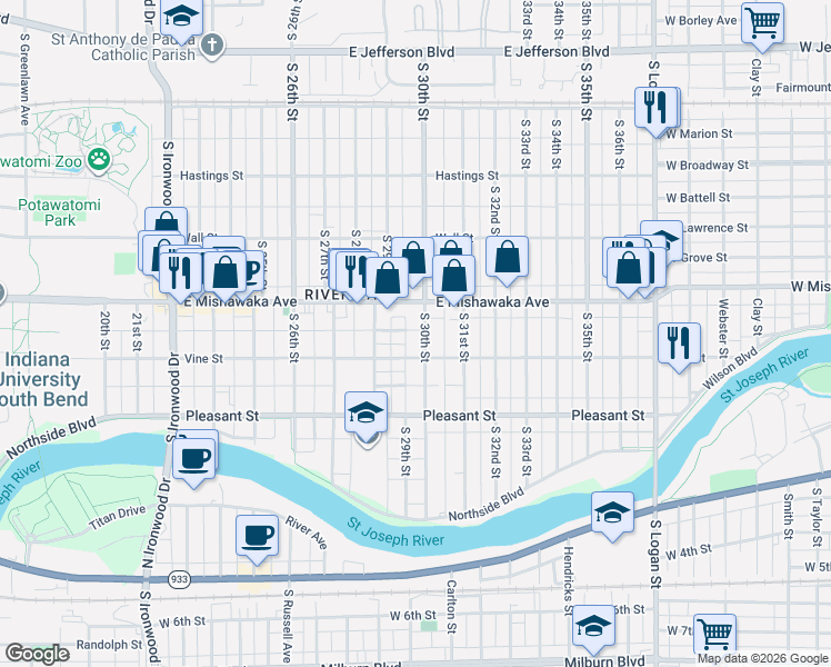 map of restaurants, bars, coffee shops, grocery stores, and more near 3002 East Mishawaka Avenue in South Bend