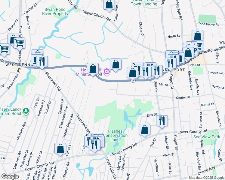 map of restaurants, bars, coffee shops, grocery stores, and more near 329 Main Street in Dennis