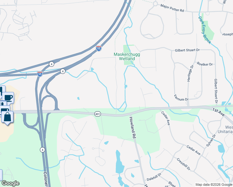 map of restaurants, bars, coffee shops, grocery stores, and more near 481 Green Bush Road in East Greenwich