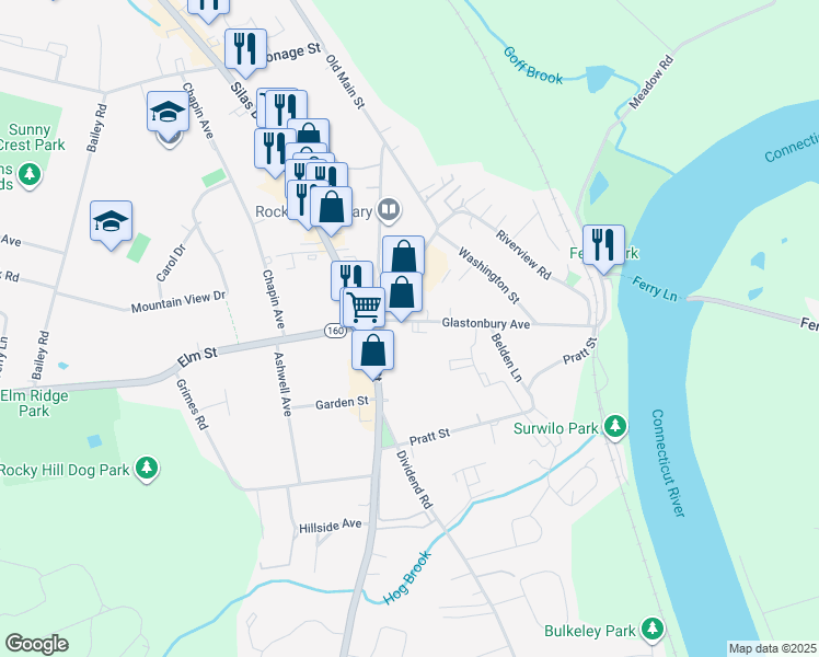 map of restaurants, bars, coffee shops, grocery stores, and more near 12 Glastonbury Avenue in Rocky Hill