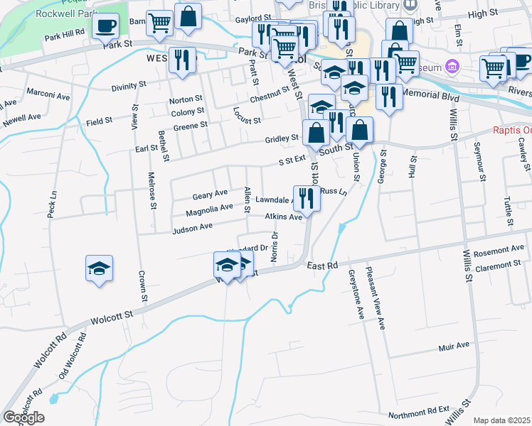 map of restaurants, bars, coffee shops, grocery stores, and more near 88 Lawndale Avenue in Bristol