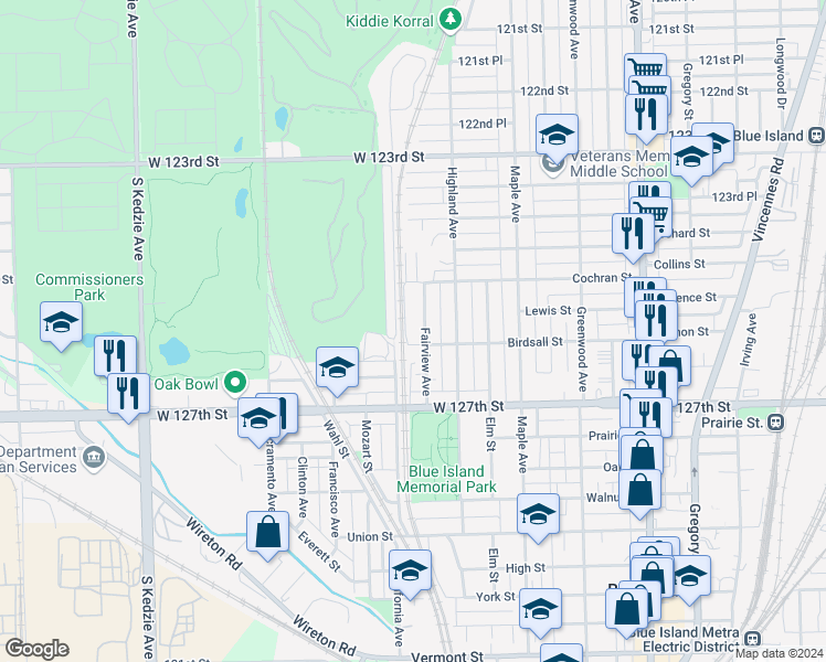 map of restaurants, bars, coffee shops, grocery stores, and more near 12521 Meadow Lane in Blue Island