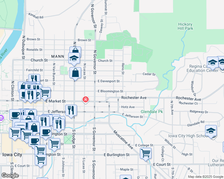 map of restaurants, bars, coffee shops, grocery stores, and more near 943 East Davenport Street in Iowa City