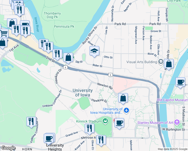 map of restaurants, bars, coffee shops, grocery stores, and more near 919 Rider Street in Iowa City