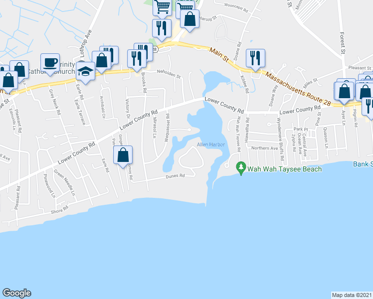 map of restaurants, bars, coffee shops, grocery stores, and more near 41 Nons Road in Harwich
