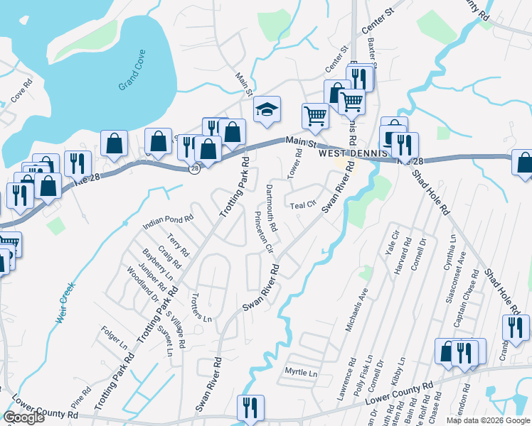 map of restaurants, bars, coffee shops, grocery stores, and more near 59 Princeton Circle in Dennis