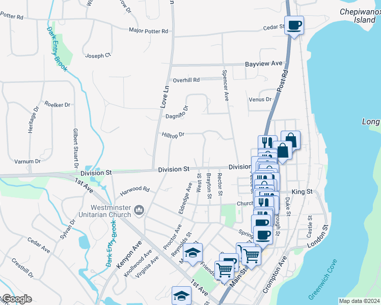 map of restaurants, bars, coffee shops, grocery stores, and more near 159 Division Street in East Greenwich