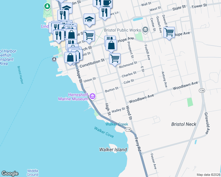 map of restaurants, bars, coffee shops, grocery stores, and more near 15 Cottage Street in Bristol
