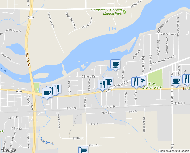 map of restaurants, bars, coffee shops, grocery stores, and more near 3223 South Shore Drive in Mishawaka