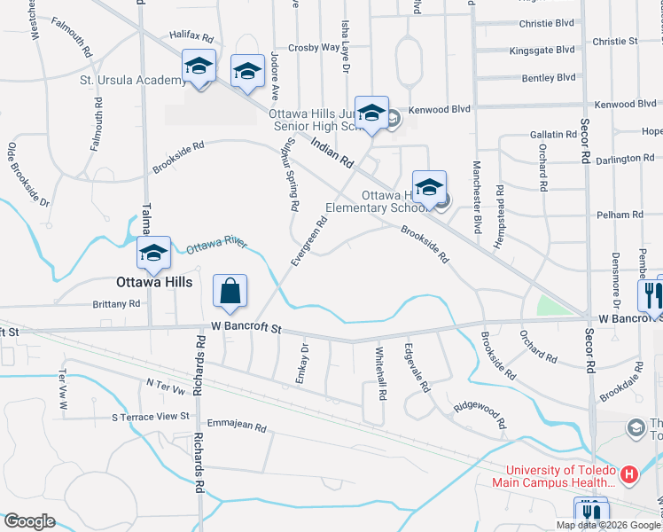 map of restaurants, bars, coffee shops, grocery stores, and more near 3735 Sulphur Spring Road in Toledo