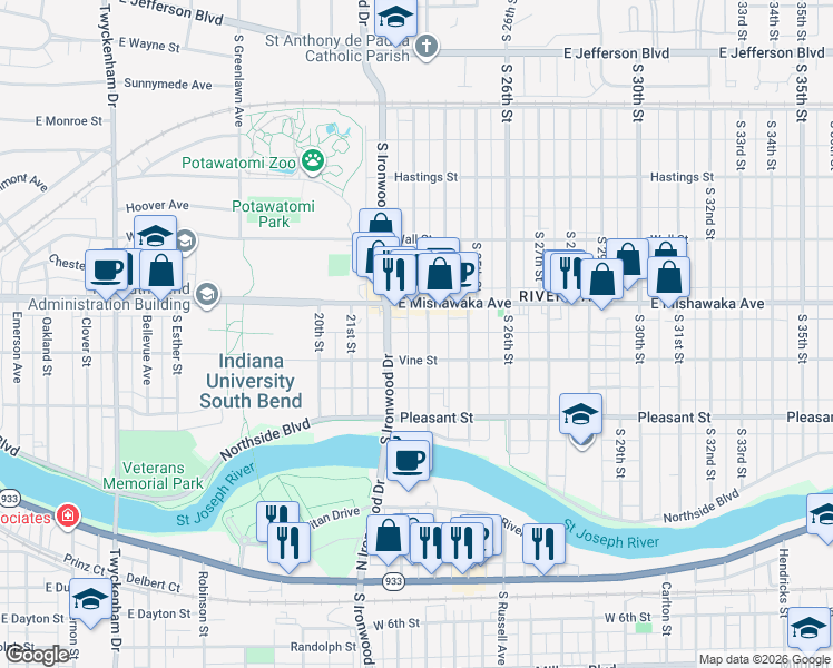 map of restaurants, bars, coffee shops, grocery stores, and more near 2224 East Mishawaka Avenue in South Bend