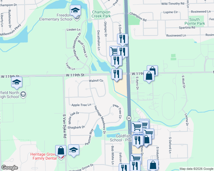 map of restaurants, bars, coffee shops, grocery stores, and more near 24146 Walnut Circle in Plainfield