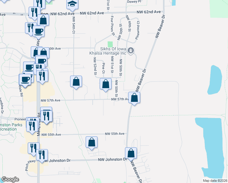 map of restaurants, bars, coffee shops, grocery stores, and more near 5784 Northwest 50th Street in Johnston