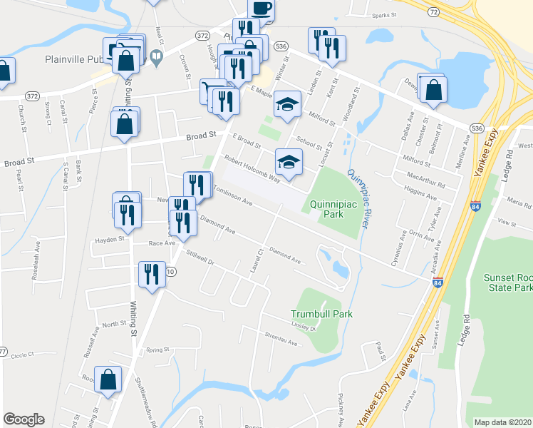 map of restaurants, bars, coffee shops, grocery stores, and more near 96 Tomlinson Avenue in Plainville