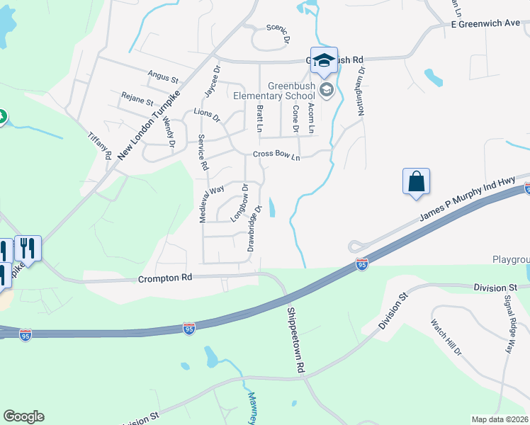 map of restaurants, bars, coffee shops, grocery stores, and more near 14 Drawbridge Drive in West Warwick