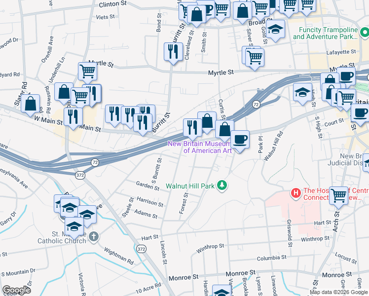 map of restaurants, bars, coffee shops, grocery stores, and more near 12 Lincoln Street in New Britain